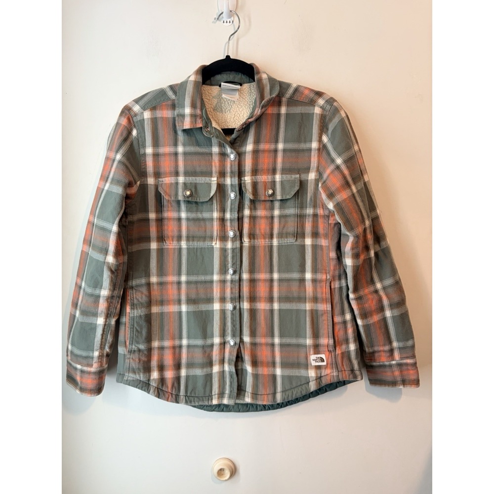 The North Face Womens Sherpa Lined Plaid Shacket Jacket Green Orange Size Small